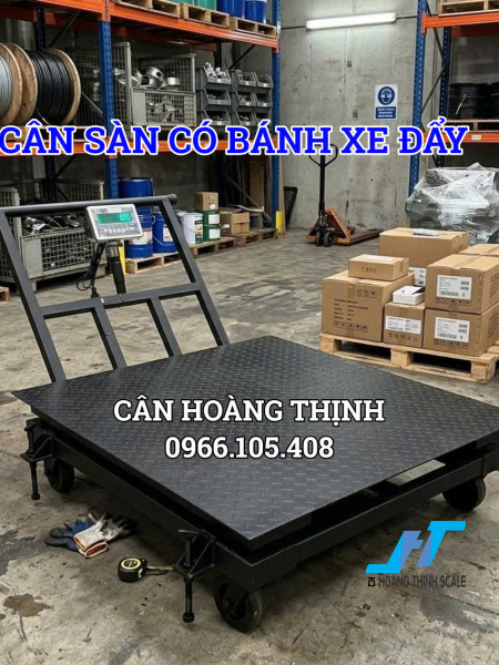 Cân sàn có bánh xe đẩy di chuyển là loại cân điện tử công nghiệp được thiết kế dạng sàn cân kết hợp với bánh xe giúp di chuyển dễ dàng trong nhà xưởng và cân hàng thuận tiện nhất